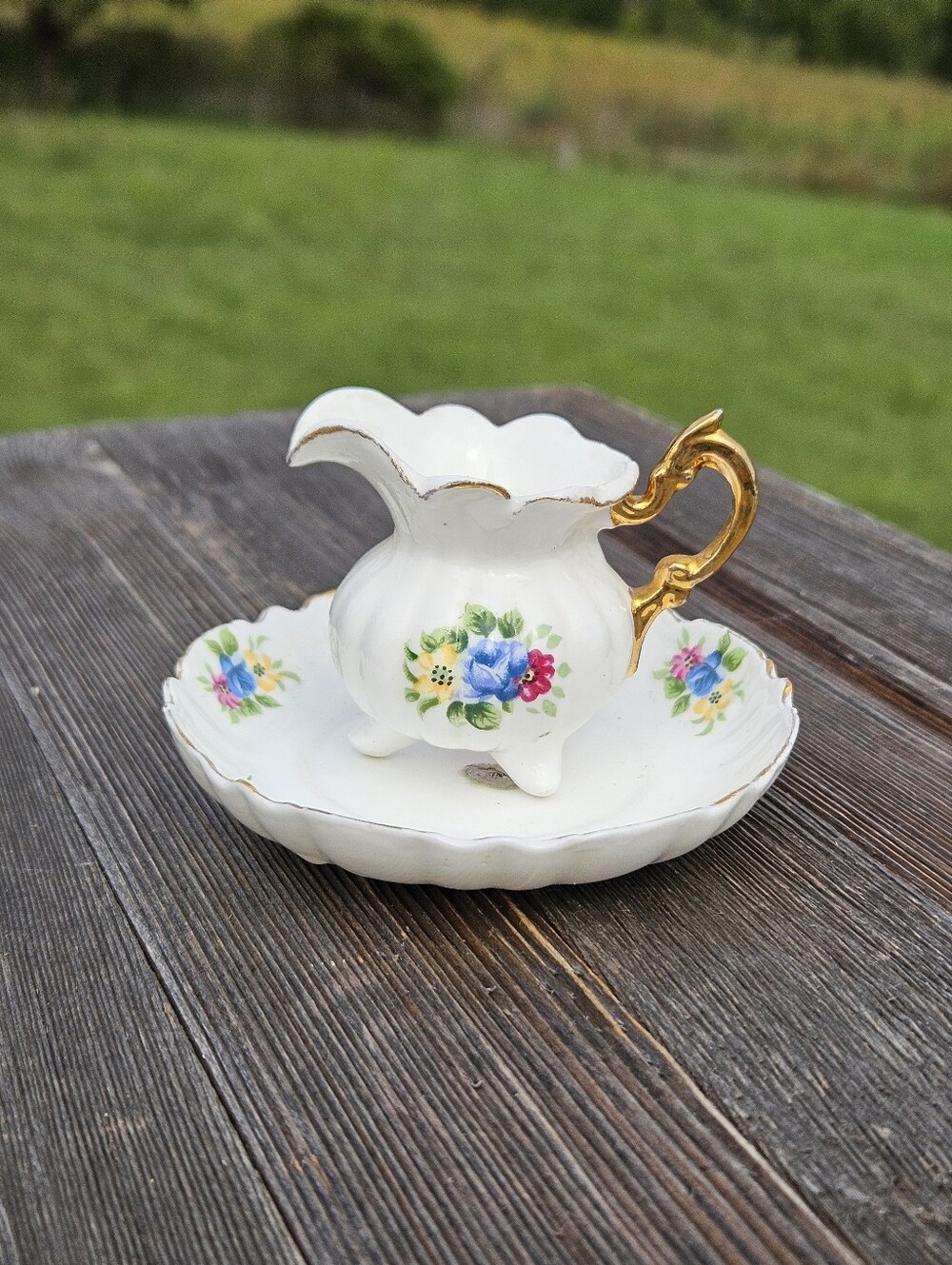 Vintage Enesco Japan Miniature Porcelain Creamer Pitcher & Saucer Set Floral Gol